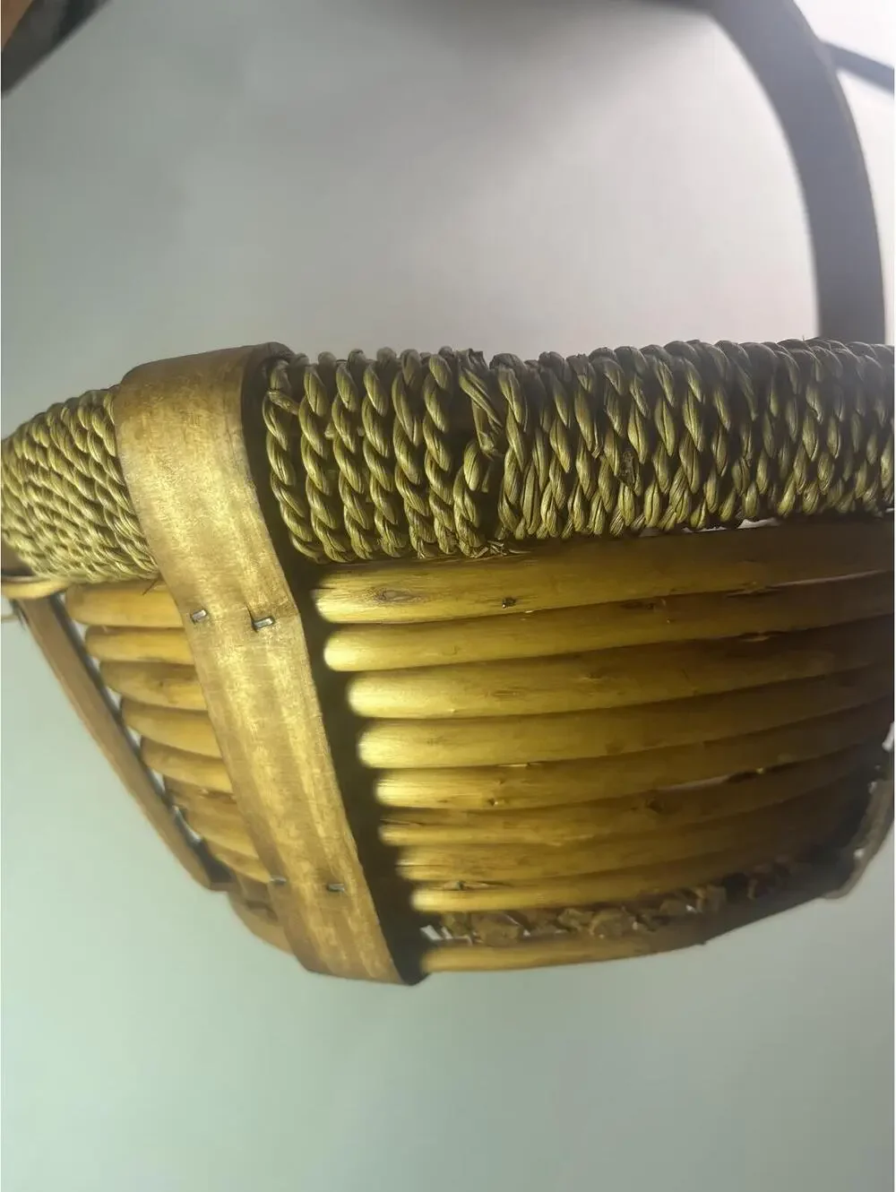 Vintage Wooden Woven Rattan Basket with Arc Handle